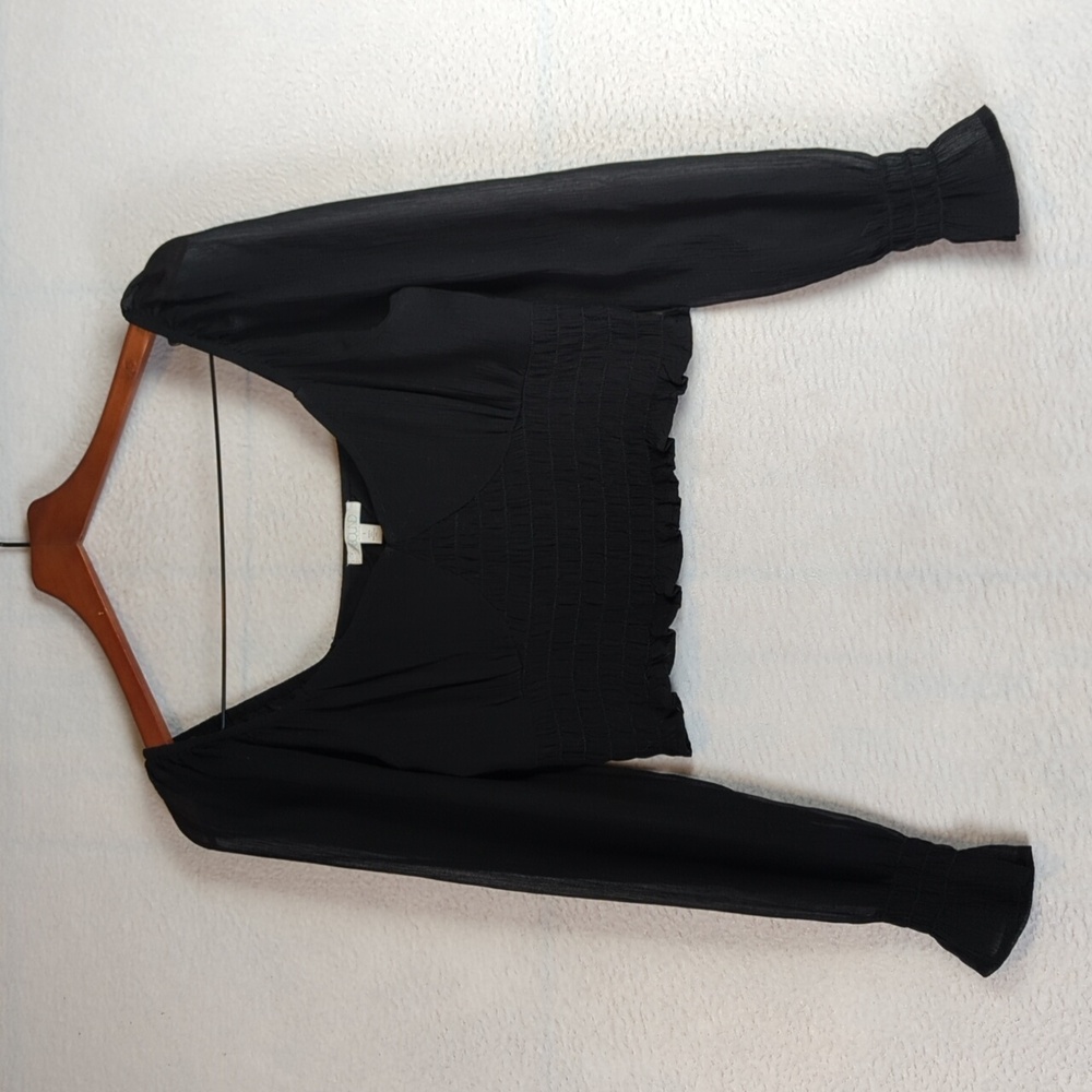 Abound Womens Black Smocked Lightweight Cropped Long Sleeve Shirt Size S